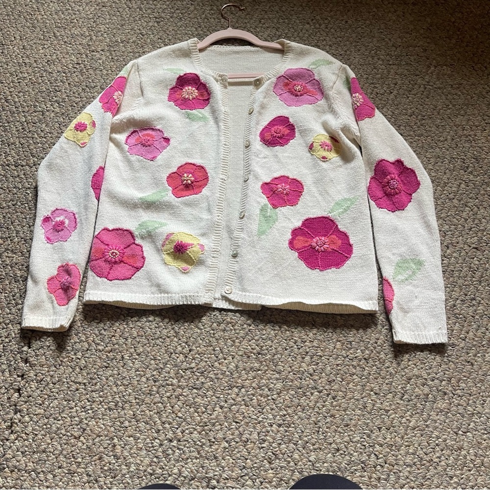 Vintage Floral Knit Cardigan Cream Pink Flowers Cottagecore Women’s L - Picture 6 of 10